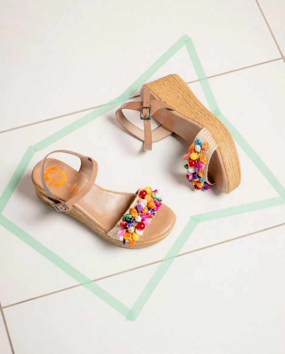 PORRONET Sandalia Cuña Con Abalorios Taupe Colores Irati- Sandalias Cuña