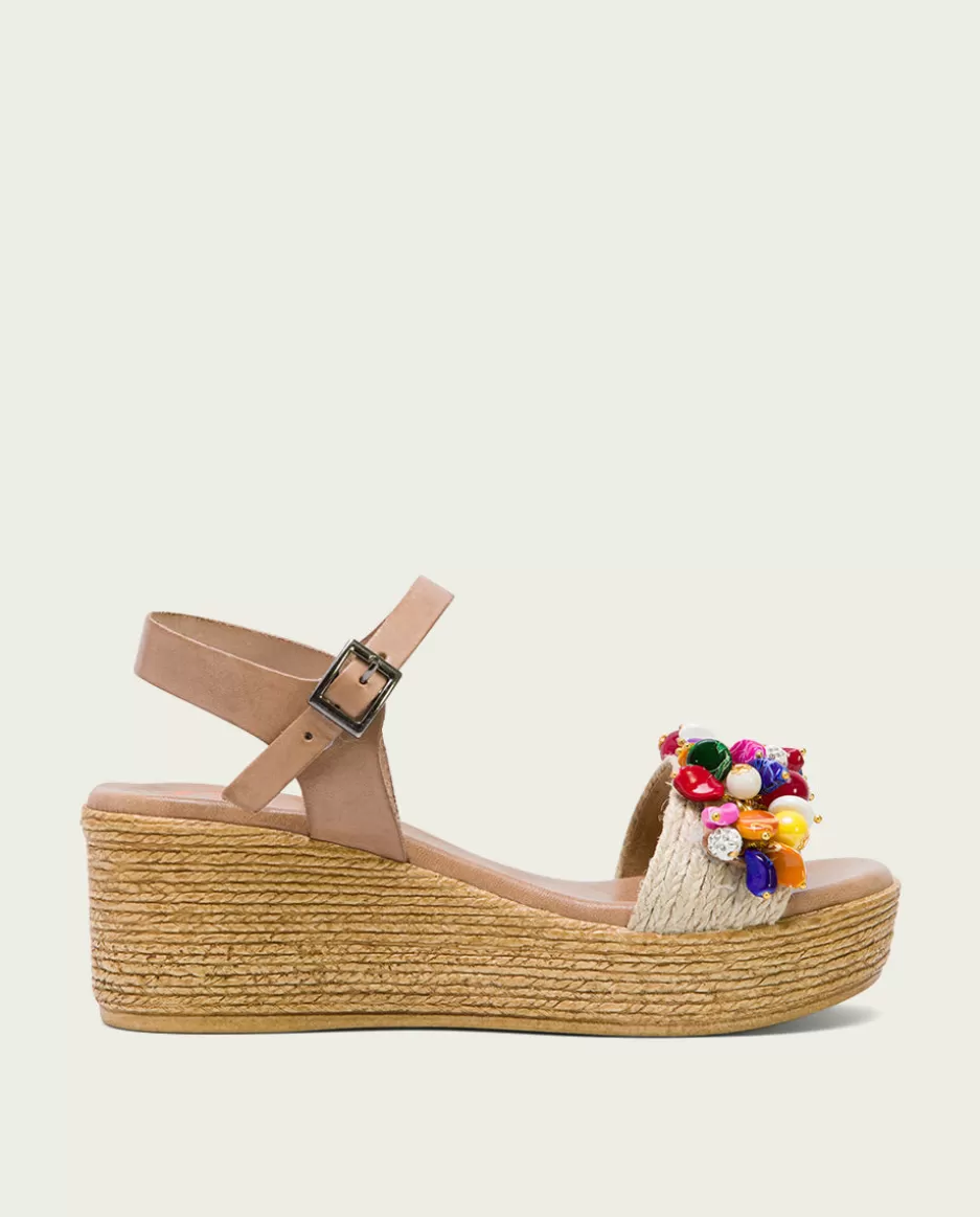 PORRONET Sandalia Cuña Con Abalorios Taupe Colores Irati- Sandalias Cuña