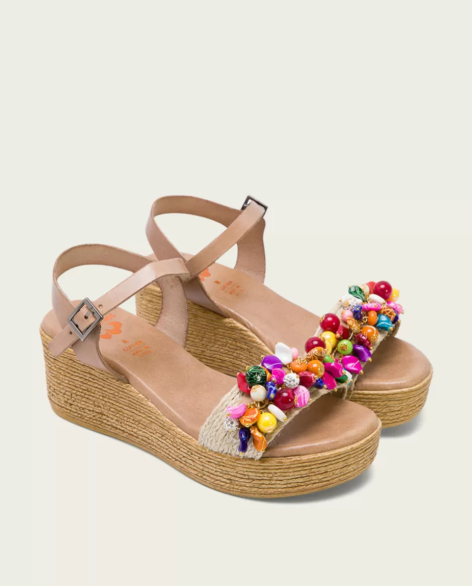 PORRONET Sandalia Cuña Con Abalorios Taupe Colores Irati- Sandalias Cuña