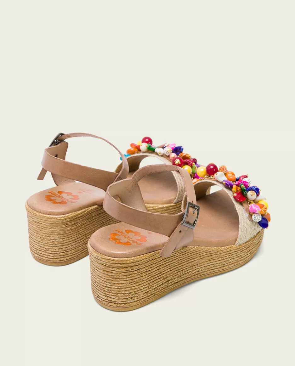 PORRONET Sandalia Cuña Con Abalorios Taupe Colores Irati- Sandalias Cuña
