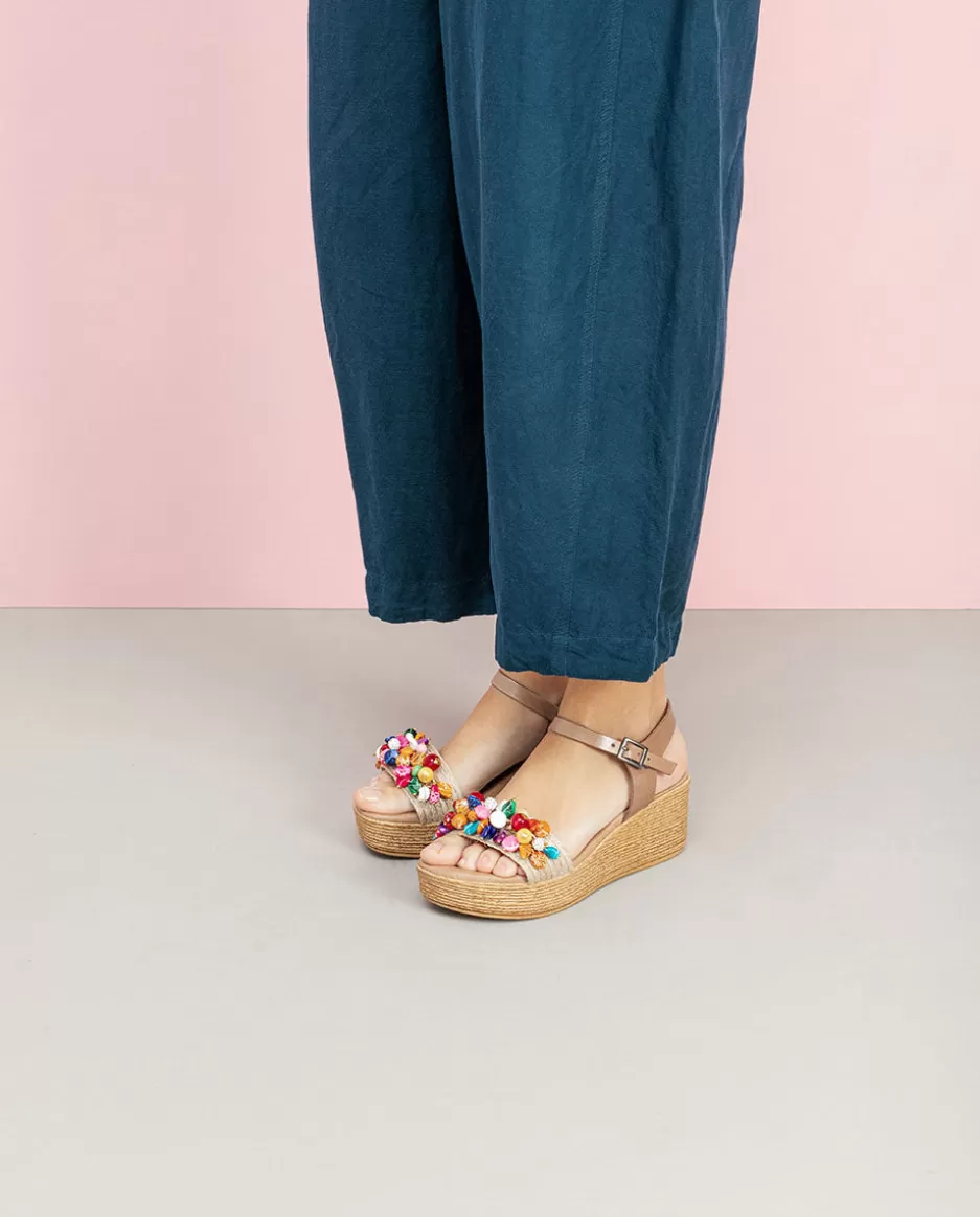 PORRONET Sandalia Cuña Con Abalorios Taupe Colores Irati- Sandalias Cuña